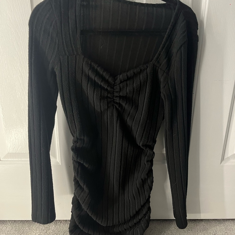 Black Ribbed Long Sleeve Ruched Mini Dress
